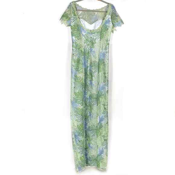 Marchesa Mint Lace Gown Leaf Embroidered Column Guipure Dress Sz 6 Side Slit - Picture 6 of 8